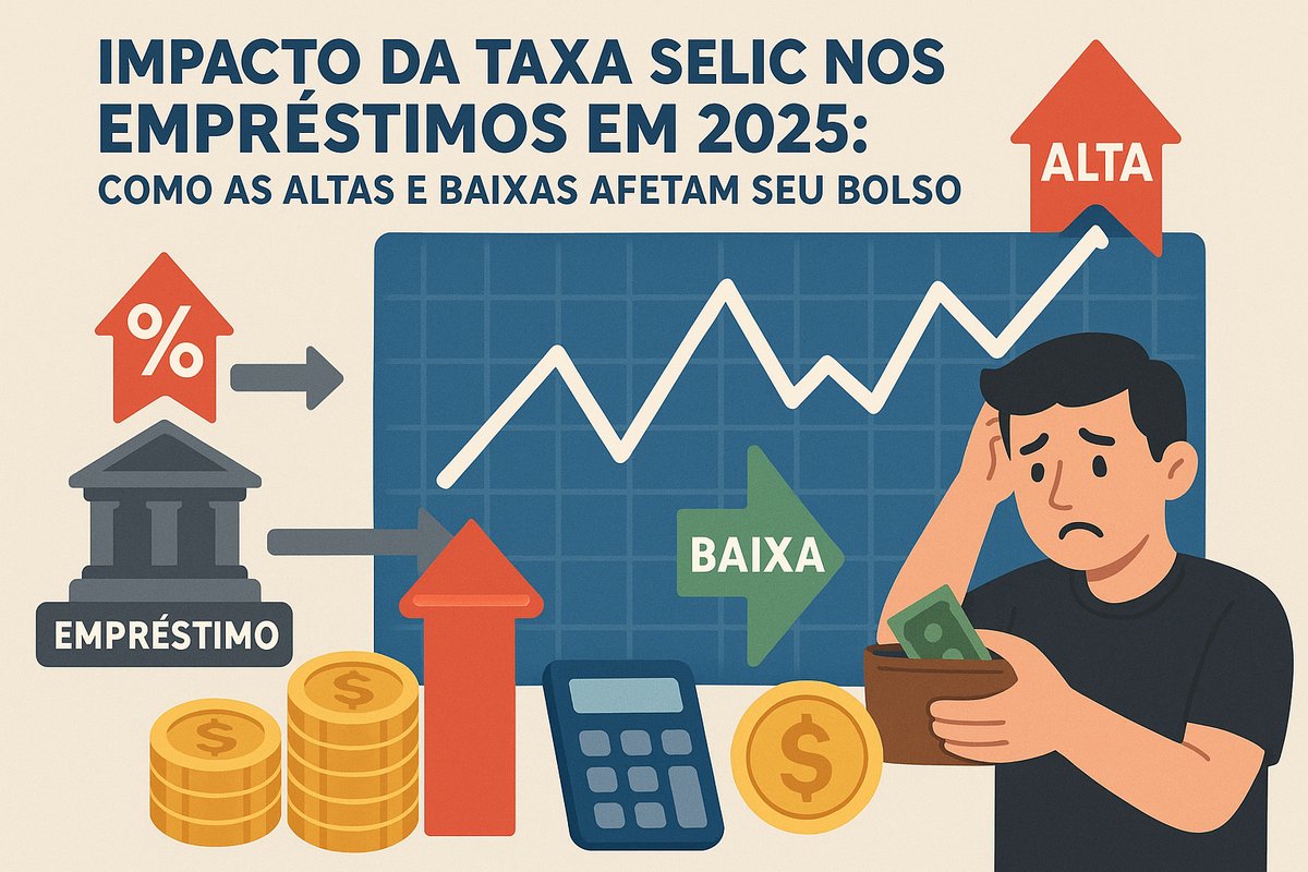 Ilustração mostra um homem preocupado segurando uma carteira com pouco dinheiro. Ao fundo, há um gráfico com linha ascendente representando a variação da taxa Selic, com setas vermelhas apontando “alta” e uma seta verde indicando “baixa”. Ícones de moedas, uma calculadora e um prédio bancário reforçam o tema de empréstimos e juros.