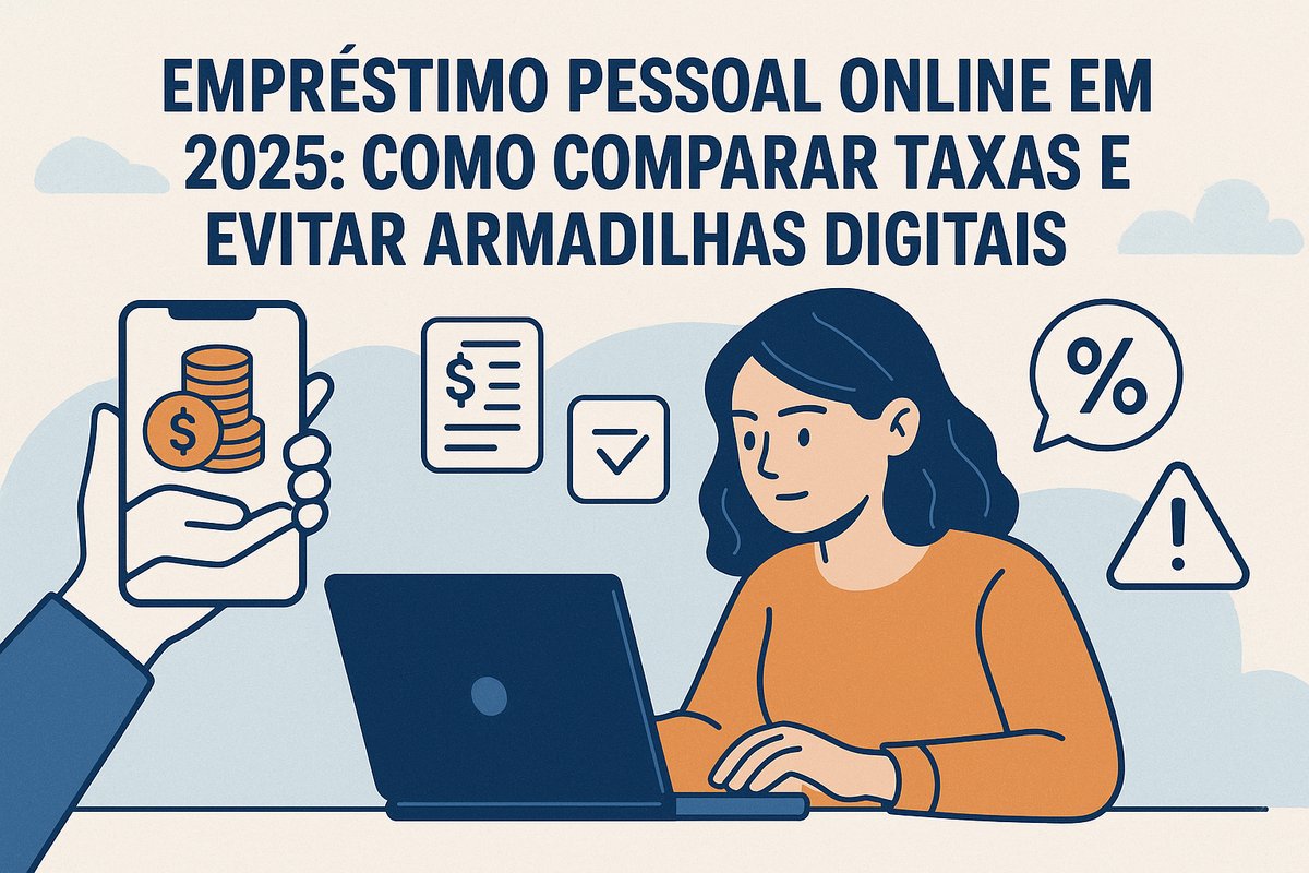 Ilustração mostra uma mulher com cabelo escuro digitando em um laptop, cercada por ícones que representam finanças digitais: uma mão segurando um celular com moedas na tela, documentos com símbolos de cifrão e um balão com o símbolo de porcentagem. No fundo, há tons suaves de azul e bege, transmitindo um ambiente tecnológico e informativo sobre empréstimos online.
