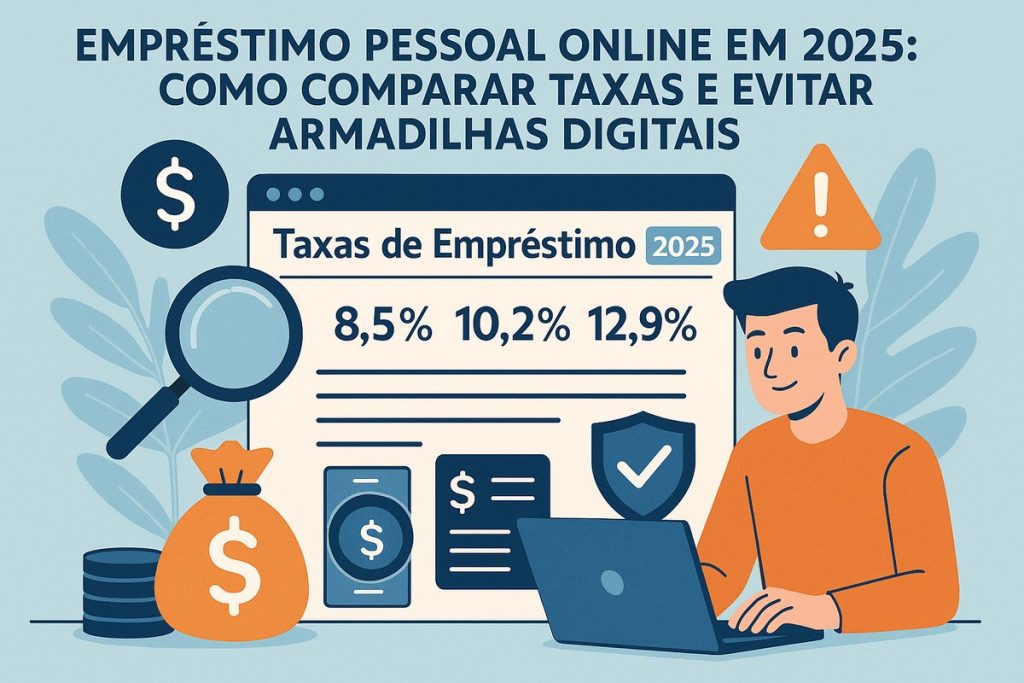 Arte ilustrada de um homem sorridente usando um laptop, com uma grande tela ao fundo exibindo “Taxas de Empréstimo 2025” e números percentuais (8,5%, 10,2%, 12,9). Há ícones de lupa, escudo de segurança, saco de dinheiro e alerta, simbolizando comparação de taxas, segurança e atenção a possíveis armadilhas digitais.