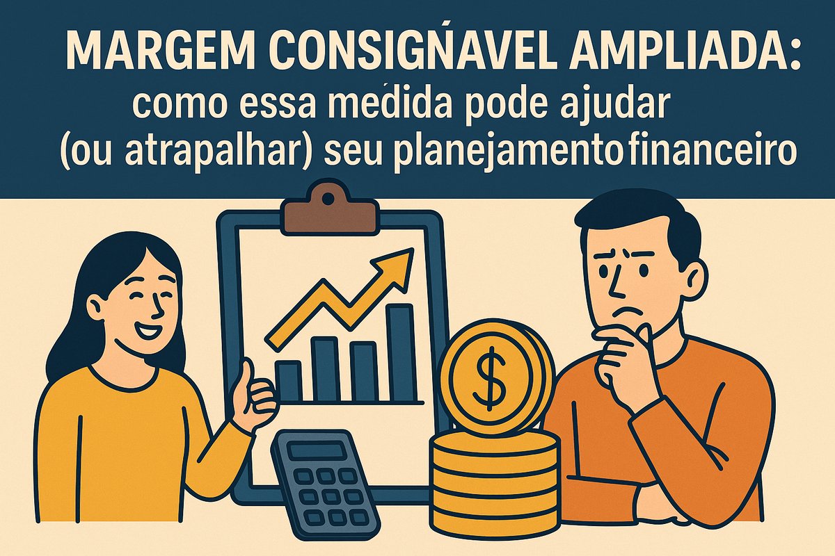 Arte ilustrada com uma mulher sorridente fazendo sinal de positivo e um homem pensativo ao lado. No fundo, uma prancheta com gráfico de barras ascendentes, uma calculadora e moedas empilhadas, simbolizando o aumento da margem de crédito e suas possíveis consequências no orçamento pessoal.