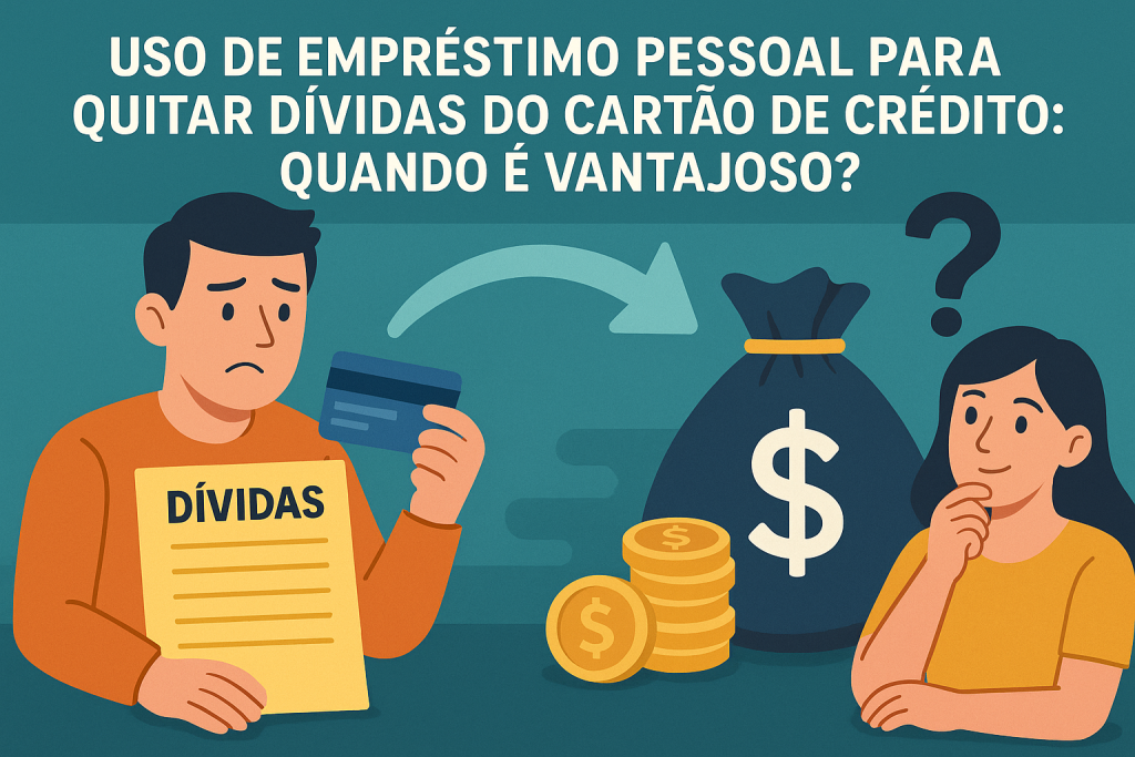 Ilustração mostra um homem segurando uma fatura com o título “Dívidas” e um cartão de crédito, aparentando preocupação. À direita, uma mulher reflete com expressão pensativa enquanto observa um grande saco de dinheiro com símbolo de cifrão e moedas ao redor, representando o uso de empréstimos para quitar débitos.