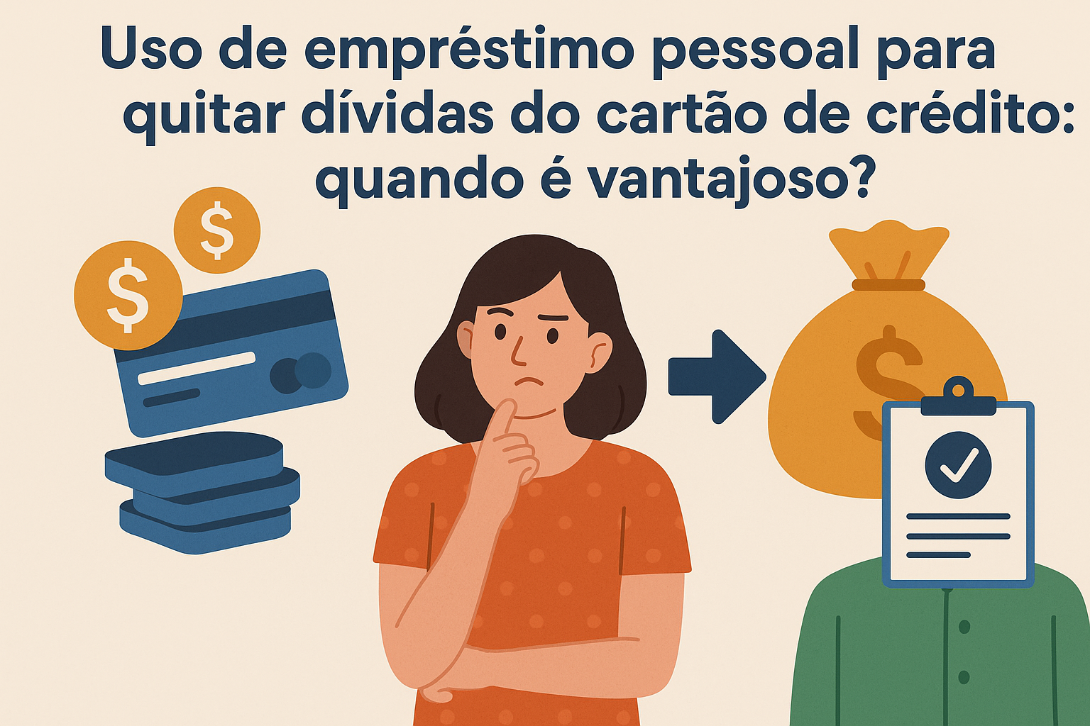 Arte ilustrada de uma mulher de expressão pensativa, ao lado de ícones que representam cartões de crédito, moedas e uma figura simbólica de um credor com uma prancheta aprovada. Setas e ícones de dinheiro indicam o conceito de transferir dívidas de cartão para um empréstimo pessoal com juros mais baixos.