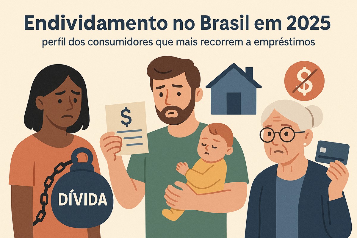 Ilustração de três personagens com expressões de preocupação, simbolizando o endividamento. À esquerda, um homem lê um documento; ao centro, uma mulher segura o rosto, e à direita, outra mulher olha para o celular. Acima delas, uma grande nuvem escura com uma seta vermelha para baixo, cifrões e um cartão de crédito representam o peso das dívidas e o impacto financeiro.