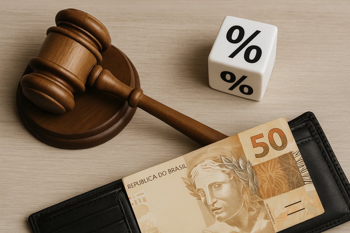 Imagem minimalista e realista mostrando um martelo de juiz de madeira ao lado de um cubo branco com símbolos de porcentagem, sobre uma superfície de madeira clara. Na parte inferior da composição, uma carteira preta parcialmente aberta revela uma nota de 50 reais, representando a relação entre decisões econômicas, juros e impacto financeiro no cotidiano